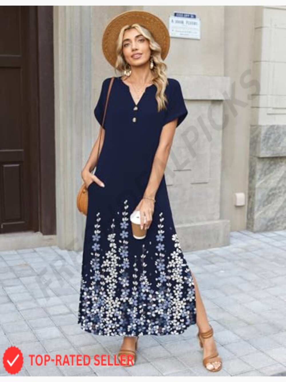 Maxi Dress Short Sleeve V-Neck Side Slit Pockets Summer Casual Sundress - Picture 2 of 7